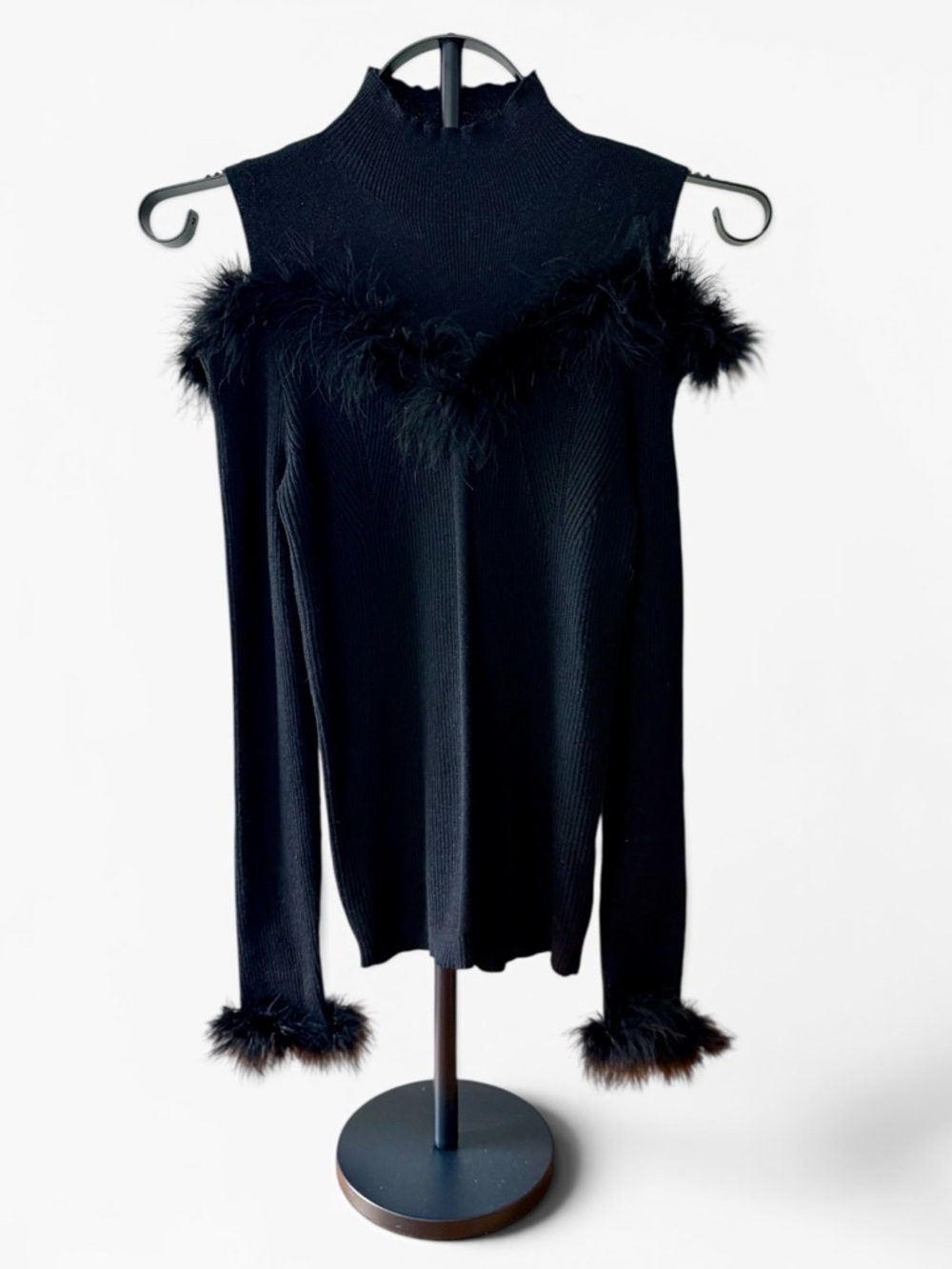 Queenia Black Feather Trim Cold Shoulder Sweater Top NWT Mock Neck Grunge Glam - Picture 1 of 8